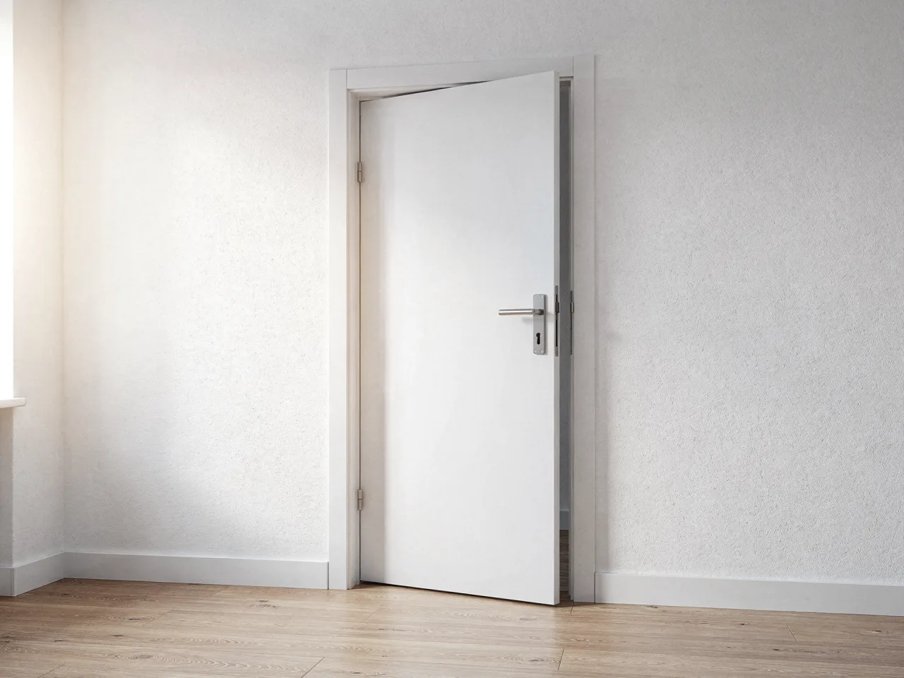 White lacquered interior door standing ajar in a room with light oak flooring