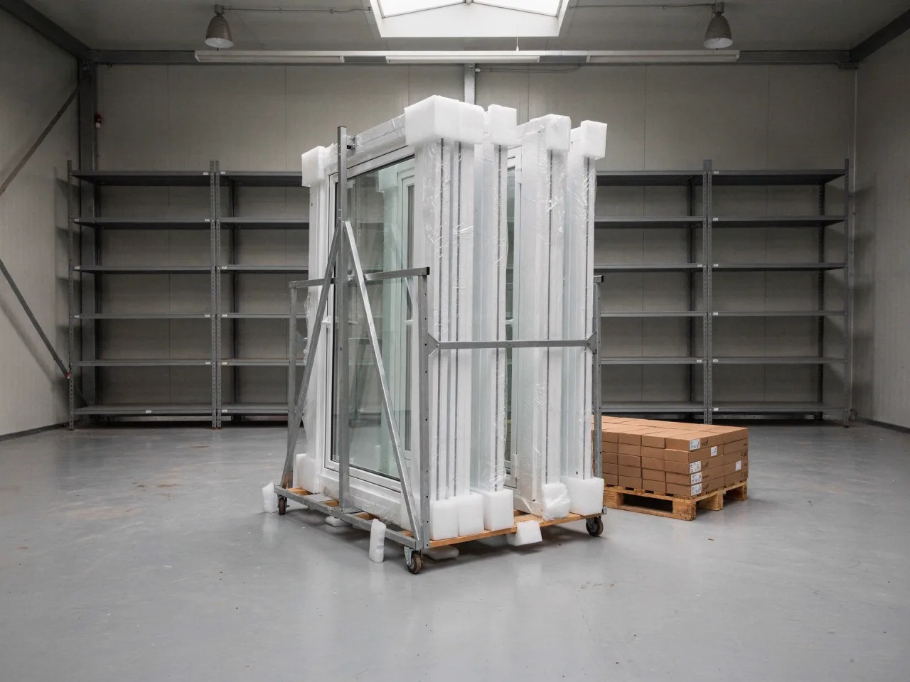 New window frames in protective film on a transport rack in a warehouse